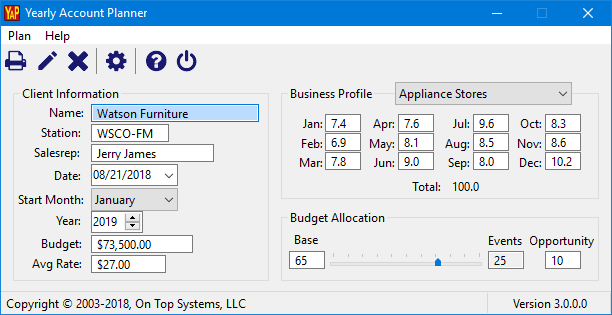 Yearly Account Planner main window